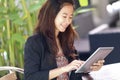 Young businesswoman work oudoor, in a cafe