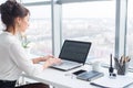 Young businesswoman working in office, typing, using computer. Concentrated woman searching information online, rear Royalty Free Stock Photo