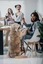 Young businesswomen playing with dog while working in office