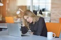 Young busy beautiful latin business woman suffering stress working at office computer Royalty Free Stock Photo