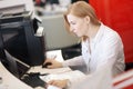 Young busy beautiful latin business woman suffering stress working at office computer Royalty Free Stock Photo