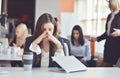 Young busy beautiful latin business woman suffering stress working at office computer Royalty Free Stock Photo