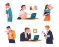 Young Busy Man and Woman Character in Stress Feeling Tired and Exhausted Sitting at Laptop Vector Illustration Set Royalty Free Stock Photo