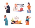 Young Busy Man and Woman Character in Stress Feeling Tired and Exhausted Sitting at Laptop Vector Illustration Set Royalty Free Stock Photo