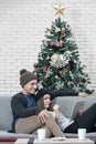 Young Cacausian couple lean relax on the sofa look at something Royalty Free Stock Photo