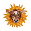 A young calf in a bright sunflower. Digital illustration on a white background. For design, textiles, banners, labels, stickers,