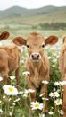 Young calf grazing in daisy field on a sunny summer day idyllic farm animal scene Royalty Free Stock Photo