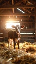 Young calf standing on hay inside a warm rustic barn illuminated by soft golden light Royalty Free Stock Photo