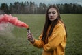 Young calm girl in pink smoke. sensual portrait Royalty Free Stock Photo