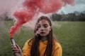 Young calm girl in pink smoke. sensual portrait Royalty Free Stock Photo