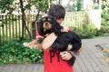 Young calm hide face in fur boy in red shirt holding, stroking embracing puppy dog cavalier King Charles Spaniel. Close Royalty Free Stock Photo