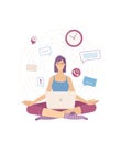 Young calm woman sitting in the lotus pose and relaxing flat vector illustration