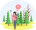 Young camper lost in forest. Girl unable to find way, unknowing direction, have navigation problems Royalty Free Stock Photo