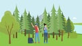 Young campers lost in the forest. People unknowing direction vector flat illustration.