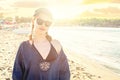 Young candid girl on sea beach in Greece Royalty Free Stock Photo