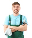 Young car mechanic with tools on white background Royalty Free Stock Photo
