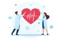 Young cardiologists hold a heart with an ECG in their hands. Flat 2D character. Concept for web design Royalty Free Stock Photo