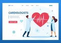 Young cardiologists hold a heart with an ECG in their hands. Flat 2D character. Landing page concepts and web design Royalty Free Stock Photo