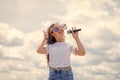 Young and carefree. Singing Songs in karaoke. Lifestyle and People Concept. make your voice louder. Music and life. teen