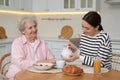 Young caregiver serving breakfast for senior woman at table. Home care service Royalty Free Stock Photo