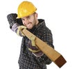 Young carpenter has fun at work Royalty Free Stock Photo