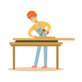 Young carpenter man drilling wood in his workshop, professional wood jointer character vector Illustration