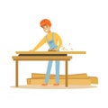 Young carpenter man working with wood in his workshop, professional wood jointer character vector Illustration