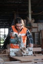 A young carpenter is working to order in his own wood factory. With peace of mind by using hand tools including saws, wood planers Royalty Free Stock Photo