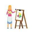 Young cartoon blonde woman character painting on canvas. Vector flat design illustration isolated on white background. Royalty Free Stock Photo