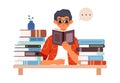 Young cartoon boy reading books. Student study, teens education concept. Teenager read book, look answers or exam Royalty Free Stock Photo