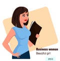 Young cartoon business woman with file in left hand, wearing office style clothes. Royalty Free Stock Photo