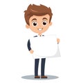 Young cartoon businessman holding blank sign smiling. Happy male professional presentation board Royalty Free Stock Photo