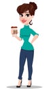 Young cartoon businesswoman. Beautiful lady holding cup of coffee. Royalty Free Stock Photo