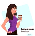 Young cartoon businesswoman with coffee, wearing a free dress style. Beautiful brunette girl having a rest while coffee break.