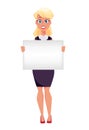 Young cartoon businesswoman holding blank sign, making presentation. Royalty Free Stock Photo