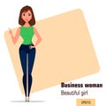 Young cartoon businesswoman making gesture pointing something. Beautiful girl presenting business plan, startup. Fashionable moder