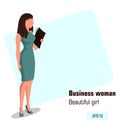 Young cartoon businesswoman in office dress holding document case. Beautiful girl preparing for meeting. Isometric business woman