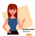 Young cartoon businesswoman with red hair showing OK gesture, wearing a free dress style. Beautiful brunette girl.