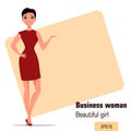 Young cartoon businesswoman with short hair wearing strict gray dress. Beautiful girl presenting business plan, startup.