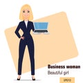 Young cartoon businesswoman standing. Beautiful blonde girl in office clothes holding laptop. Royalty Free Stock Photo