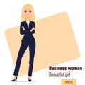 Young cartoon businesswoman standing with crossed hands.