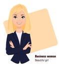 Young cartoon businesswoman wearing business style clothing. Beautiful girl standing with crossed hands. Royalty Free Stock Photo