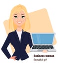 Young cartoon businesswoman wearing business style clothing. Fashionable blond modern lady.