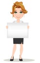 Young cartoon businesswomen. Beautiful smiling girl in working situation. Fashionable modern lady holding blank banner advertising