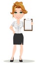 Young cartoon businesswomen. Beautiful smiling girl in working situation. Fashionable modern lady holding blank clipboard.