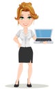 Young cartoon businesswomen. Beautiful smiling girl in working situation. Fashionable modern lady holding laptop Royalty Free Stock Photo