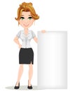 Young cartoon businesswomen. Beautiful smiling girl in working situation. Fashionable modern lady standing near big blank banner.