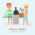 Young cartoon children helping with garbage and cleaning waste vector illustration. Cute boys help with garbage and junk