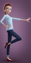 Young cartoon 3d woman in tight jeans and red shoes stands on one leg 0081