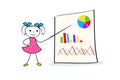 Young cartoon girl pointing at board with graph and pie chart. Businness presentation concept in doodle style. Royalty Free Stock Photo